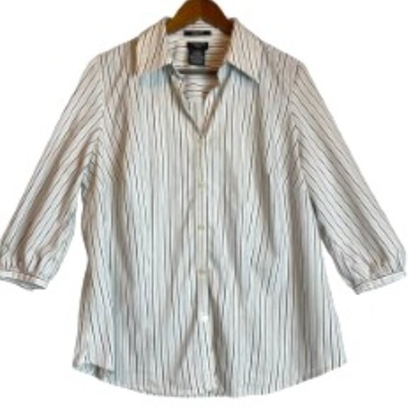 GEORGE WOMAN WHITE STRETCH SHIRT W/ BLACK & TAN STRIPES 3/4 SLEEVE SIZE 1X/16W - Picture 1 of 6